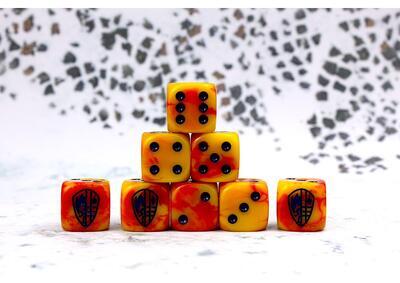Hundred Kingdom Faction Dice on Red swirl Dice